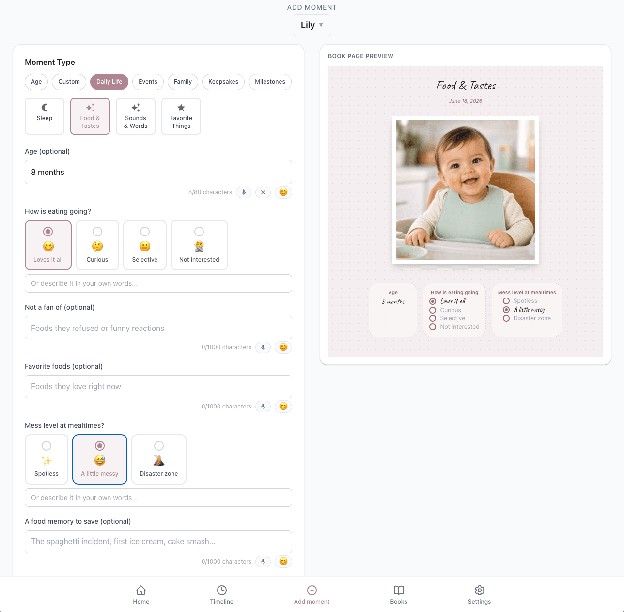 Adding a new moment in Magic Baby Books with a live book-page preview